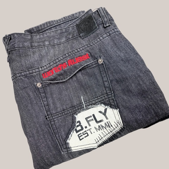 Born Fly Other - Born Fly Jeans Mens 42x33 Black Discharge Baggy Leg Patches Y2K Streetwear